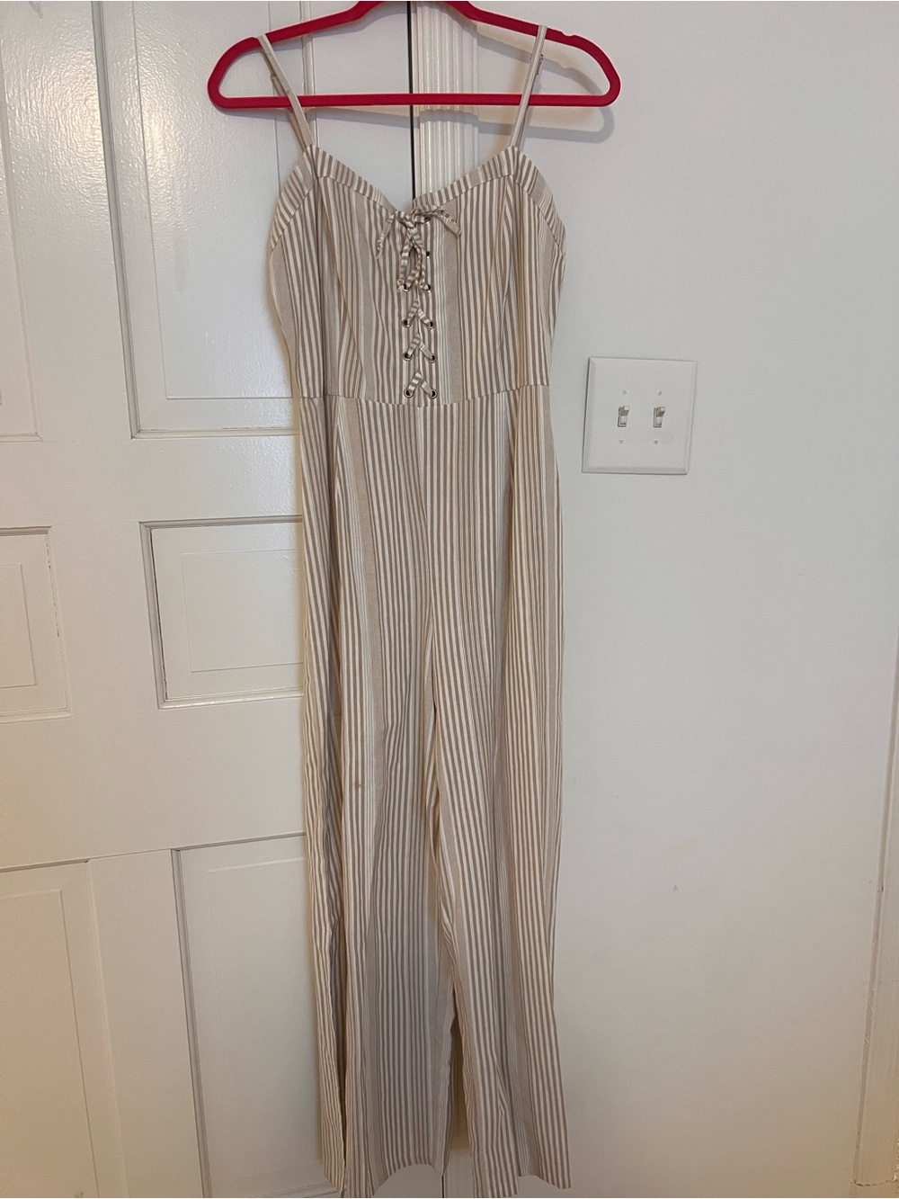 Derek Heart Beige & White Striped Lace-Up Jumpsuit